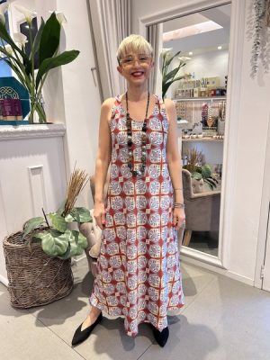 Abito fantasia geometrica rosso Emme